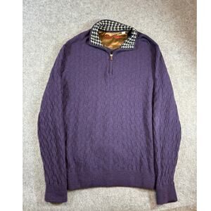 Robert Graham 1/4 Zip Sweater Mens Large Purple Knit Wool Houndstooth Minimalist